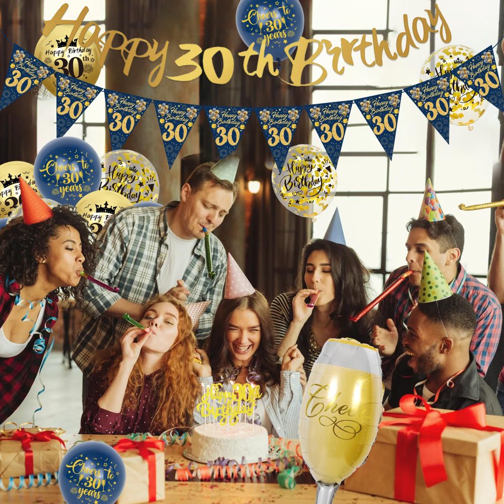 30th Birthday Decorations for Men - Blue Gold Happy 30th Birthday Banners Cake Topper Pennant Latex Balloons Wine Bottle Balloon Sash for 30th Birthday Party Supplies - Image 2