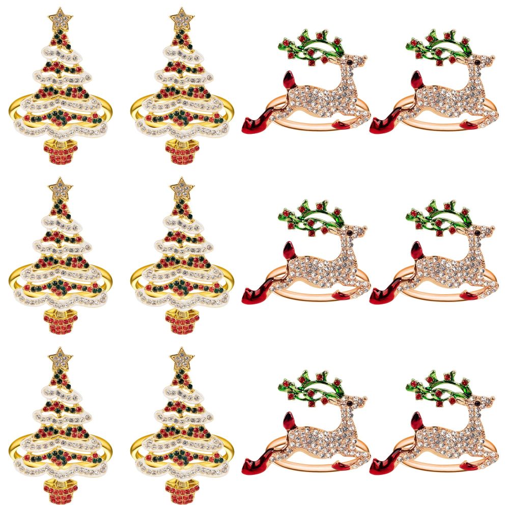 Homotte Rose Gold Christmas Napkin Rings with Bling Set of 12, Christmas Reindeer and Xmas Tree Napkin Holders for Thanksgiving Table Decorations, Christmas Banquet, Daily Receptions