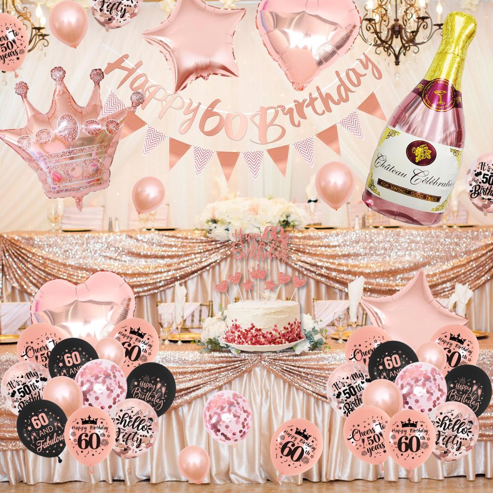 60th Birthday Decorations for Women - Rose Gold Balloons - 60th Rose Gold Birthday Decorations, Banner, Cake Topper, Cupcake Topper - Birthday Party Supplies Kit - Image 3