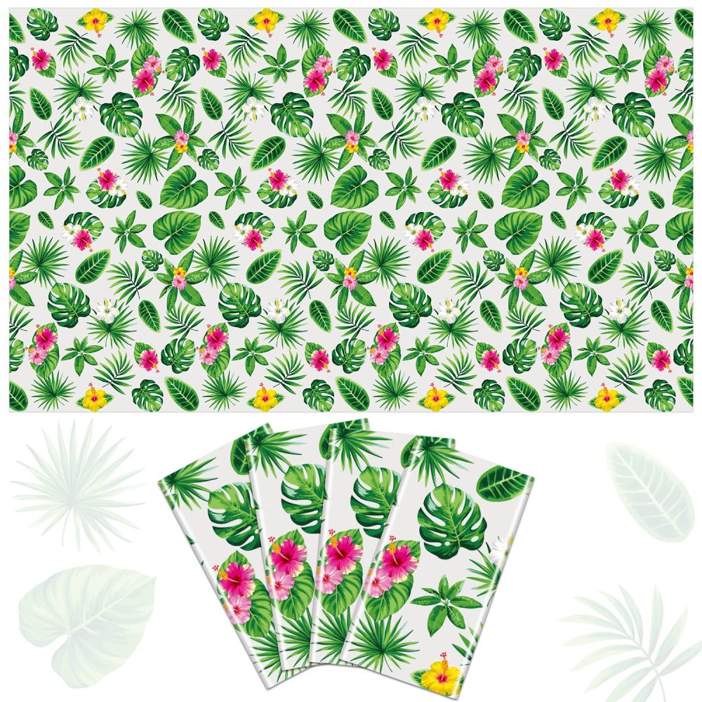 4 Pack Hawaiian Luau Tablecloths Tropical Palm Leaves Table Cloth Hawaii Disposable Plastic Rectangular Table Covers Aloha Summer Beach Pool Kids Birthday Tablecloth Cocktail Party Supplies 86 x 51 IN - Image 2