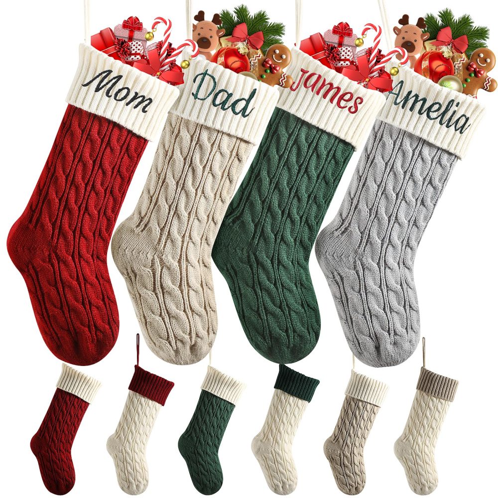 Lifemaison Personalised Family Christmas Stockings Custom Embroidered,18in Large Knitted Xmas Stockings for Fireplace Hanging,Family Christmas Stockings with Embroidered Name for Home Decor,1 Pack-A
