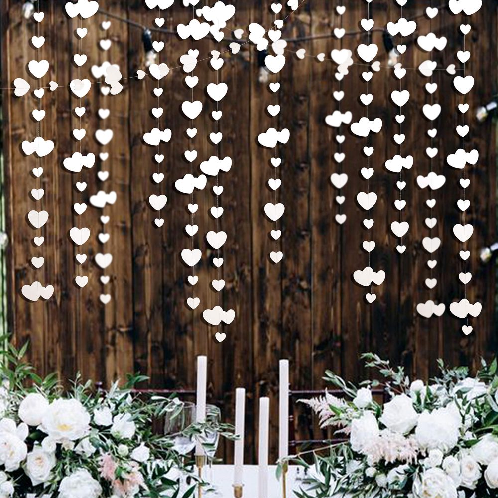 52 Ft White Heart Party Decorations Kit Double Sided Paper Hanging White Heart Banner for Birthday Wedding Engagement Bridal Shower Showcase Home Rome Garden Party Outdoor Decorations (4 Packs) - Image 2