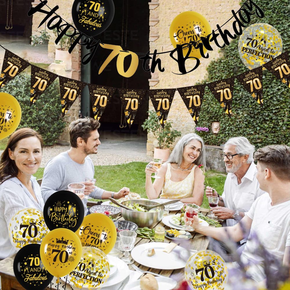 70th Birthday Decorations for Men - Black and Gold Party Balloon Banner Decor Set with 70th Birthday Yard Banners Confetti Latex Balloons Happy Birthday Cake Topper for Men 70 Years Old Party Supplies - Image 2
