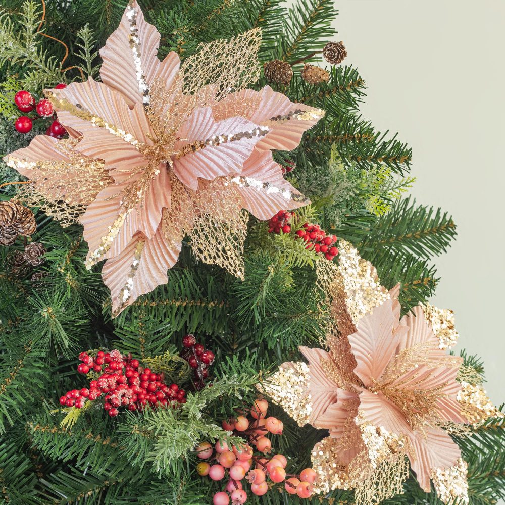 KI Store Large Christmas Poinsettia Rose Gold 6pcs 30cm Artificial Flower Picks Spray for Christmas Tree Decoration Wreath Garland