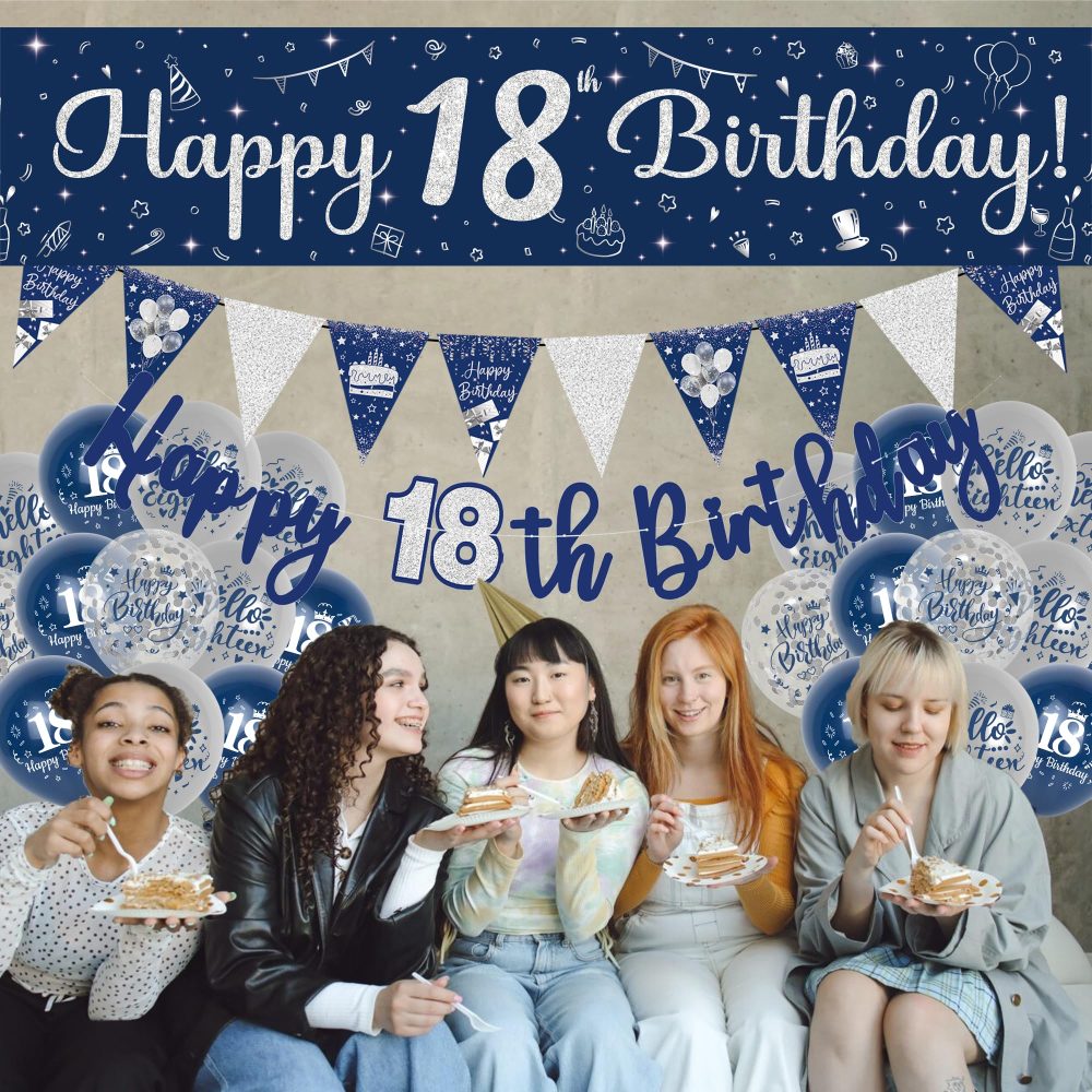 18th Birthday Decorations Boys Girls - 39Pcs Blue Silver Happy 18th Birthday Banner Set With Bunting Banners Sash 18th Latex Balloons Blue Cake Toppers for 18 Years Birthday Party Supplies - Image 4