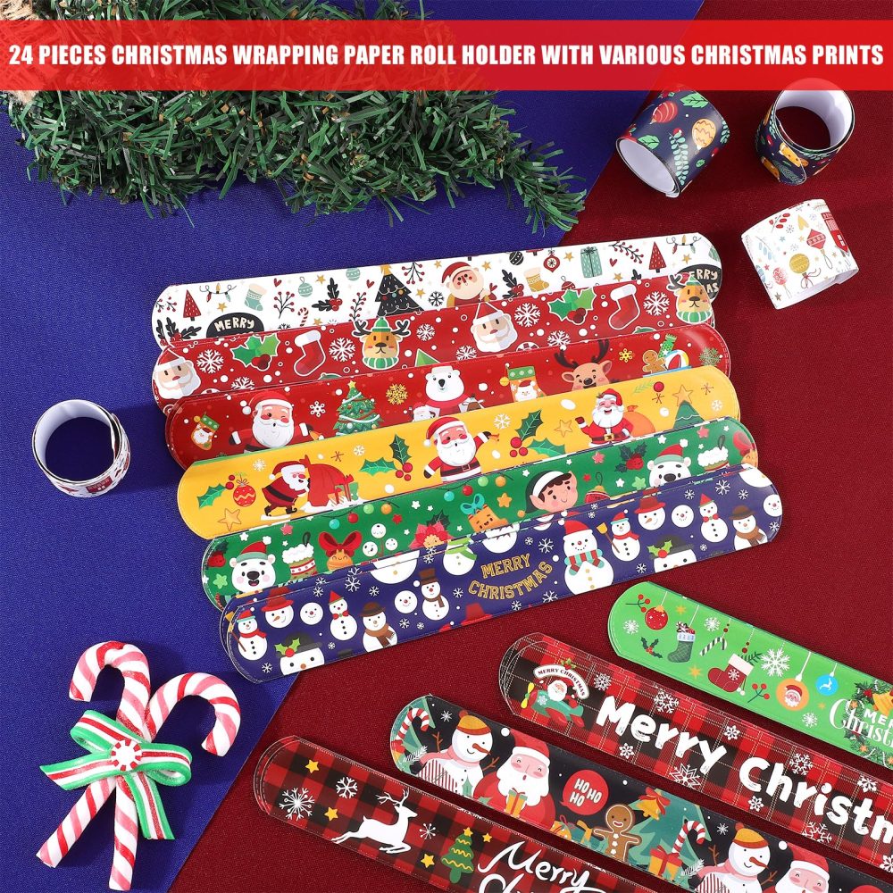 XIHIRCD 24pcs Christmas Wrapping Paper Roll Holder Clips, 8.7x1.2in Holiday Flip Wraps 12 Designs Gift Wrap Buddies Clamps Strips Flip Stabilizer Slap Bands Tool for Xmas Gift Organization Storage - Image 6