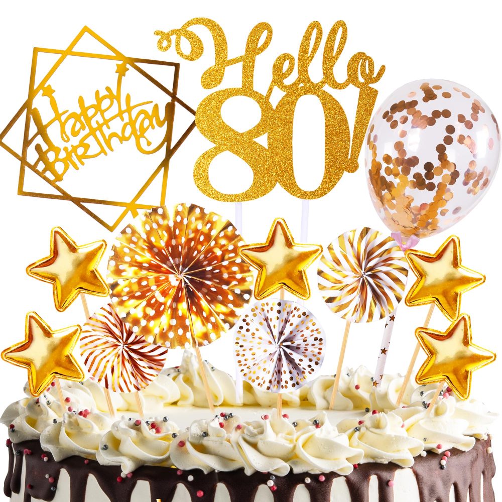 Personalised Happy 80th Birthday Cake Toppers Rose Gold for Women,Men,Happy Birthday Sign for Cake,with Star Heart Paper Fan Confetti Balloon,for 80th Birthday Party Cake Decorations