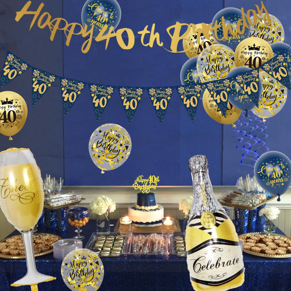 40th Birthday Decoration for Men - Blue Gold Happy 40th Birthday Banners Cake Topper Pennant Latex Balloons Wine Bottle Balloon Sash for 40th Birthday Party Supplies - Image 4
