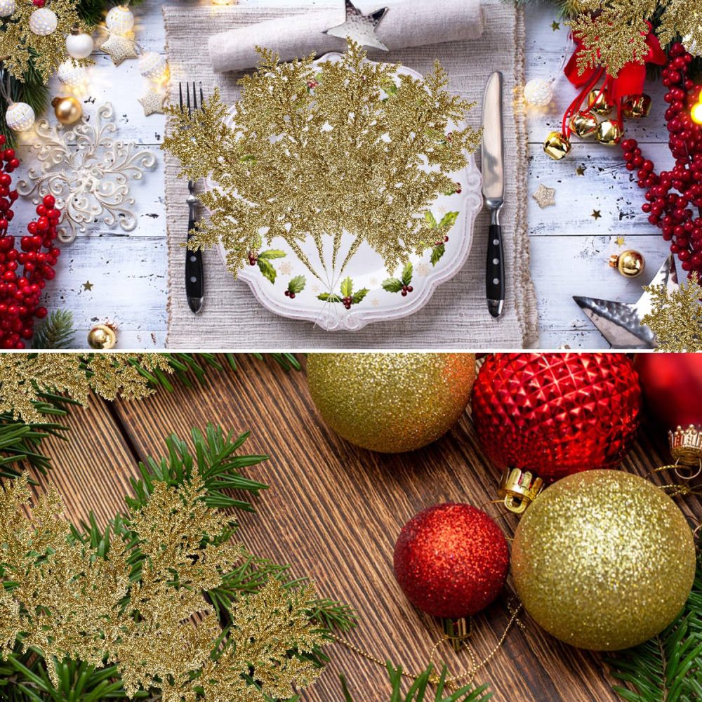 VEYLIN 10 Pcs Artificial Christmas Leaves Picks, Gold Glitter Branches for Xmas Tree Wreath Festival Decoration - Image 5