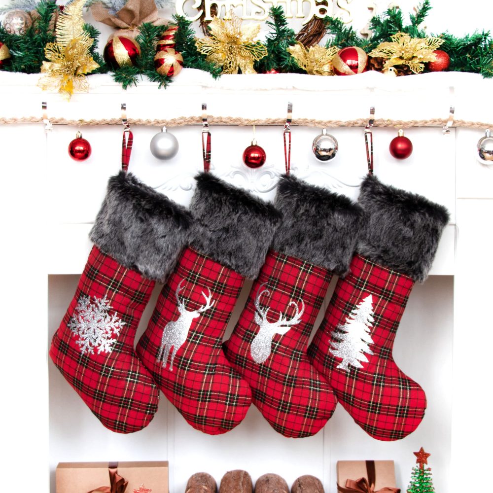 NEW Large Set of 4 Red Scotland Plaid Classic Christmas Stockings with Black Faux Fur Plush Cuff Traditional Hanging Xmas Stockings for Christmas Fireplace Decorations Socks 4 Pack