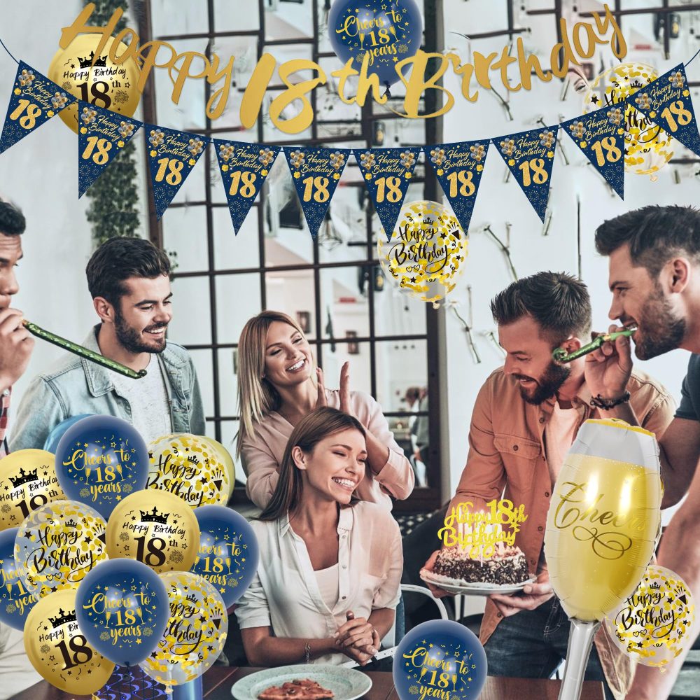 18th Birthday Decorations for Boys - Blue Gold Happy 18th Birthday Banners Cake Topper Pennant Latex Balloons Wine Bottle Balloon Sash for 18th Birthday Party Supplies - Image 2