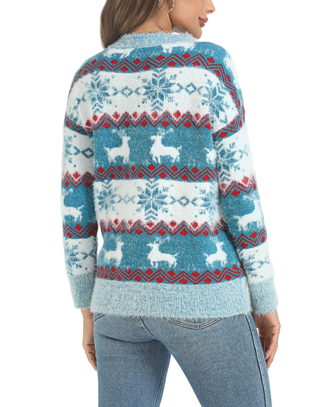 Marvmys Women Knit Sweater Jumper Long Sleeve Pullover Tops Knitwear Crew Neck Loose Warm Vintage Pullover Christmas Sweater Autumn Winter Blue-A S - Image 6