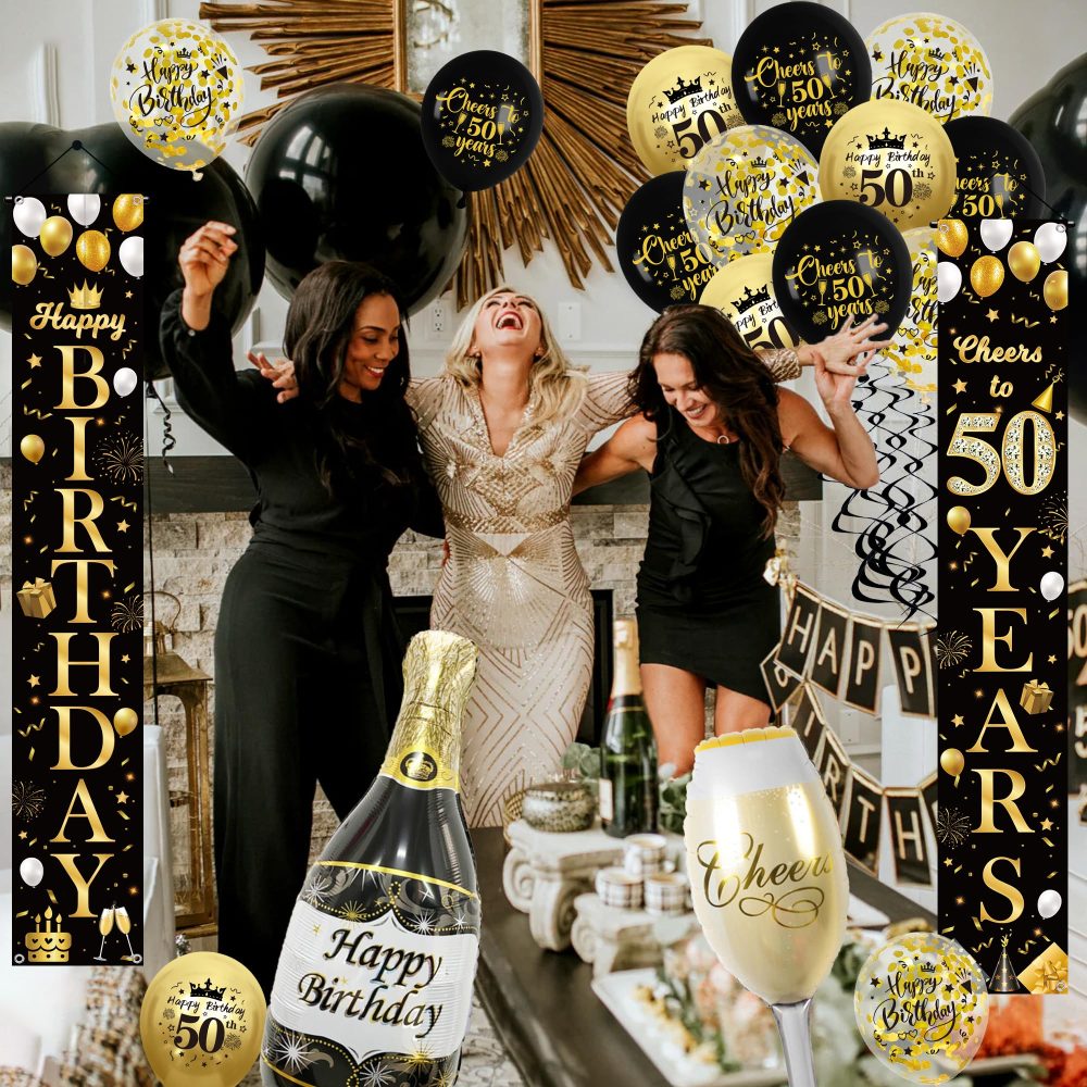 50th Birthday Decorations Women Men - Black Gold Happy 50th Birthday Door Porch Sign Banner Triangle Bunting Flags, Latex and Foil Balloons, Cheers to 50 Years Theme Party Supplies for Her and Him - Image 2
