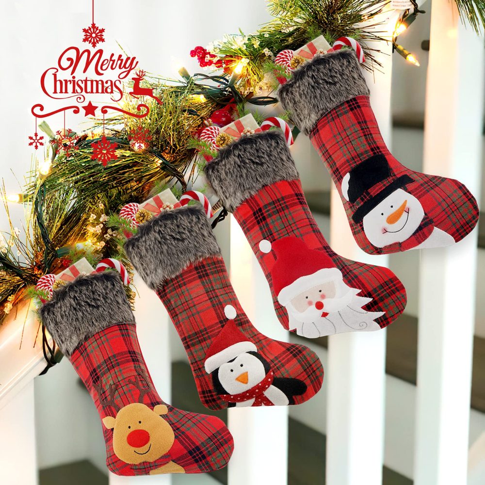 COOLWUFAN Christmas Stocking, 4 Pack 18 inch Xmas Stockings wiht Snowflake Santa Snowman Reindeer and Plush Faux Fur Cuff Family Pack Stockings for Xmas Holiday Family Party Decorations,Red - Image 7