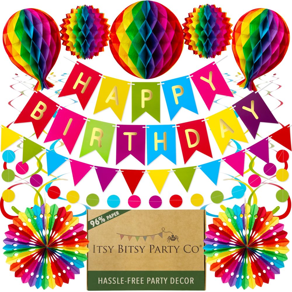 Premium Reusable Birthday Party Decorations - Rainbow Birthday Decoration Set - Happy Birthday Banner, Birthday Bunting, Honeycomb Decorations, Streamers (Paper Colourful Rainbow Party Decorations)