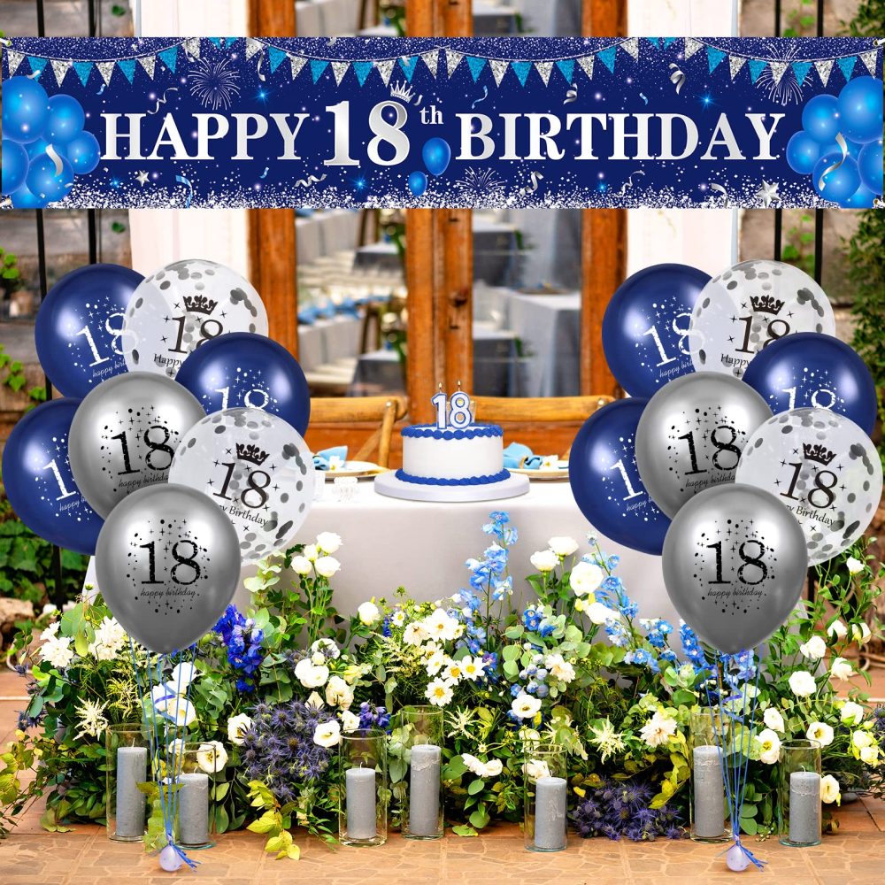 Blue 18th Birthday Decorations for Boys Girls, Navy Blue Silver Happy 18th Birthday Banner and 18th Birthday Balloons for 18th Birthday Anniversary Party Supplies, Eighteen Year Old Party Decorations - Image 7