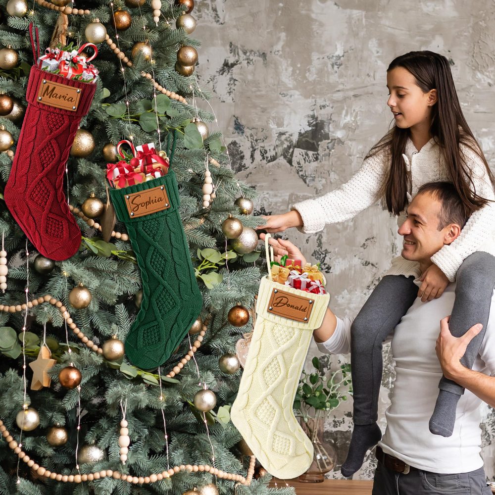 Udiyfun Personalised Christmas Stockings, Custom Christmas Stocking with Leather Laser Engraving Name, 46CM Large, Customised Knitted Xmas Stockings, Christmas Hanging Decor, Gifts for Family 1 Pcs - Image 5