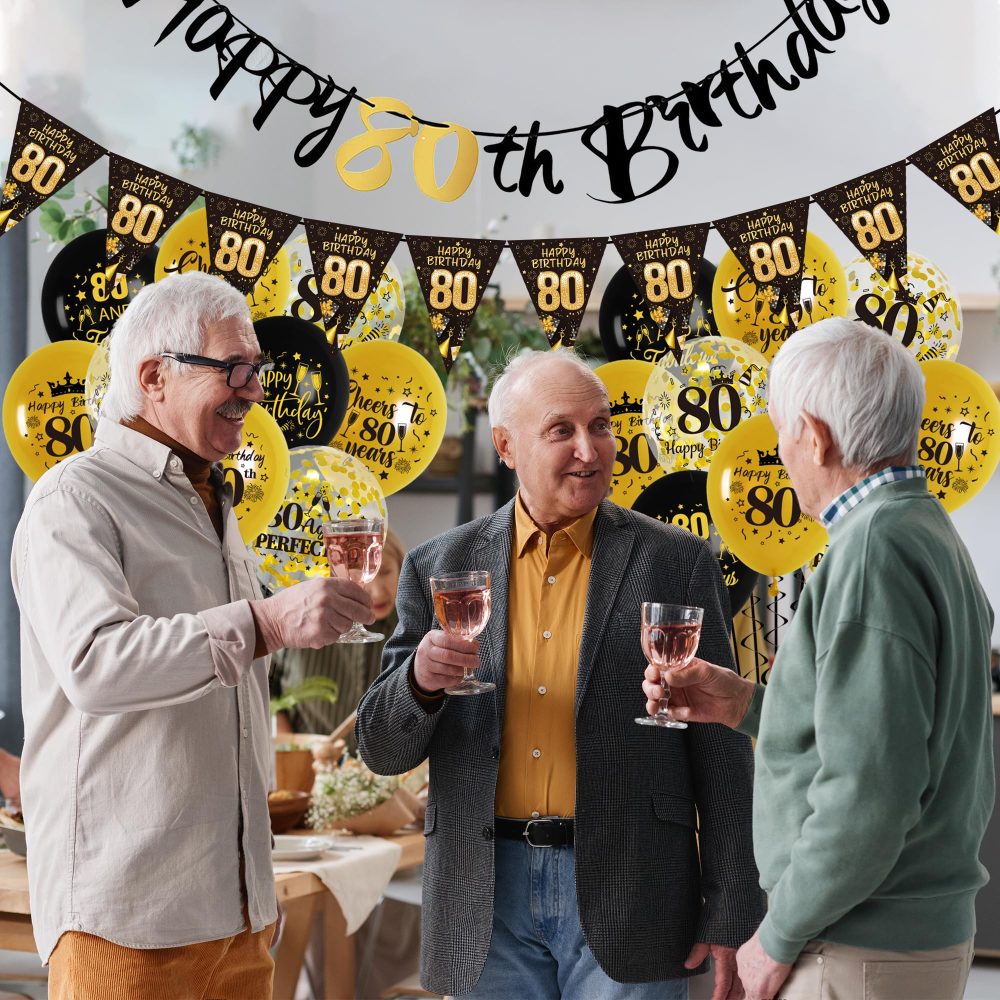 80th Birthday Decorations for Men - 44Pcs Black Gold Party Balloon Banner Decor Set with 80th Birthday Yard Banners Confetti Latex Balloons Happy Birthday Cake Topper for 80 Years Old Party Supplies - Image 4