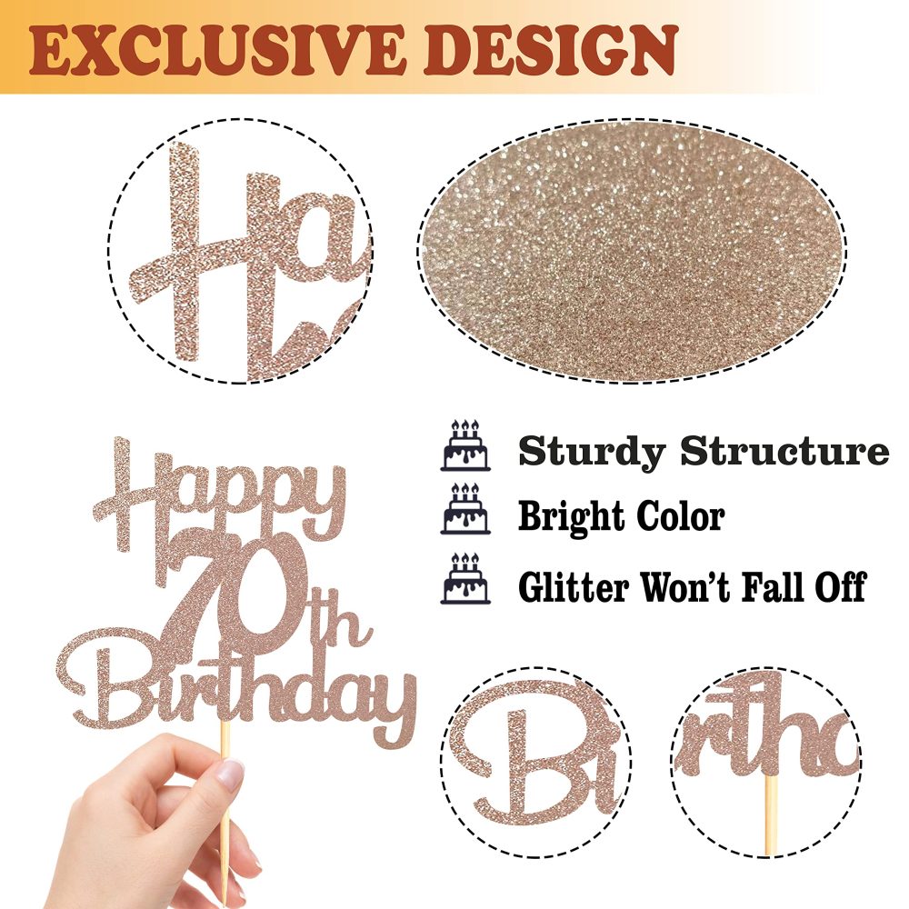 Sotpot Rose Gold Glitter 70 Cake Topper, 70th Birthday Cake Decorations for Birthday Party Anniversary Party Supplies - Image 6