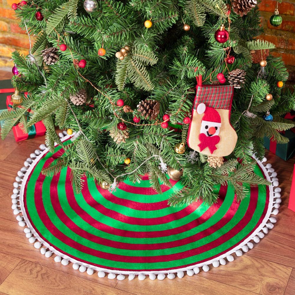 MACTING Christmas Tree Skirt, 30 Inches Red and Green Stripes Tree Skirt with Small Pom Poms Edge for Xmas Tree Christmas Decoration - Image 7