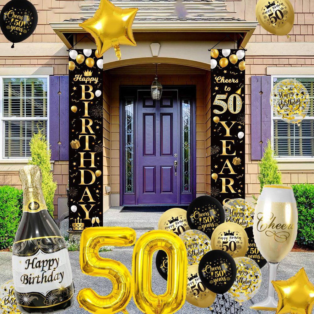 50th Birthday Decorations Women Men - Black Gold Happy 50th Birthday Door Porch Sign Banner Triangle Bunting Flags, Latex and Foil Balloons, Cheers to 50 Years Theme Party Supplies for Her and Him - Image 3
