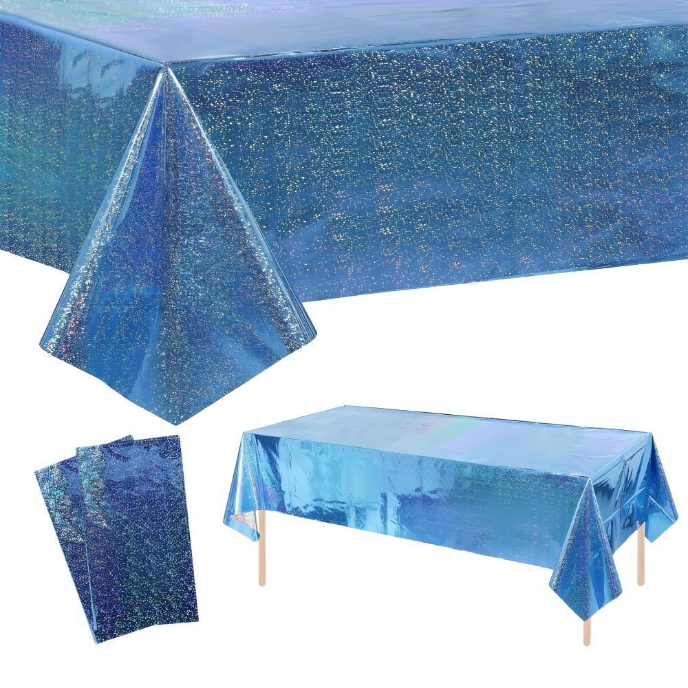 2pcs 137x274cm Blue Tablecloth for Blue Party Decorations,Plastic Holographic Table Cloths Foil Table Cover Metallic Disco Tablecloth for Outdoor Picnic,Birthday,Christmas Party Decorations