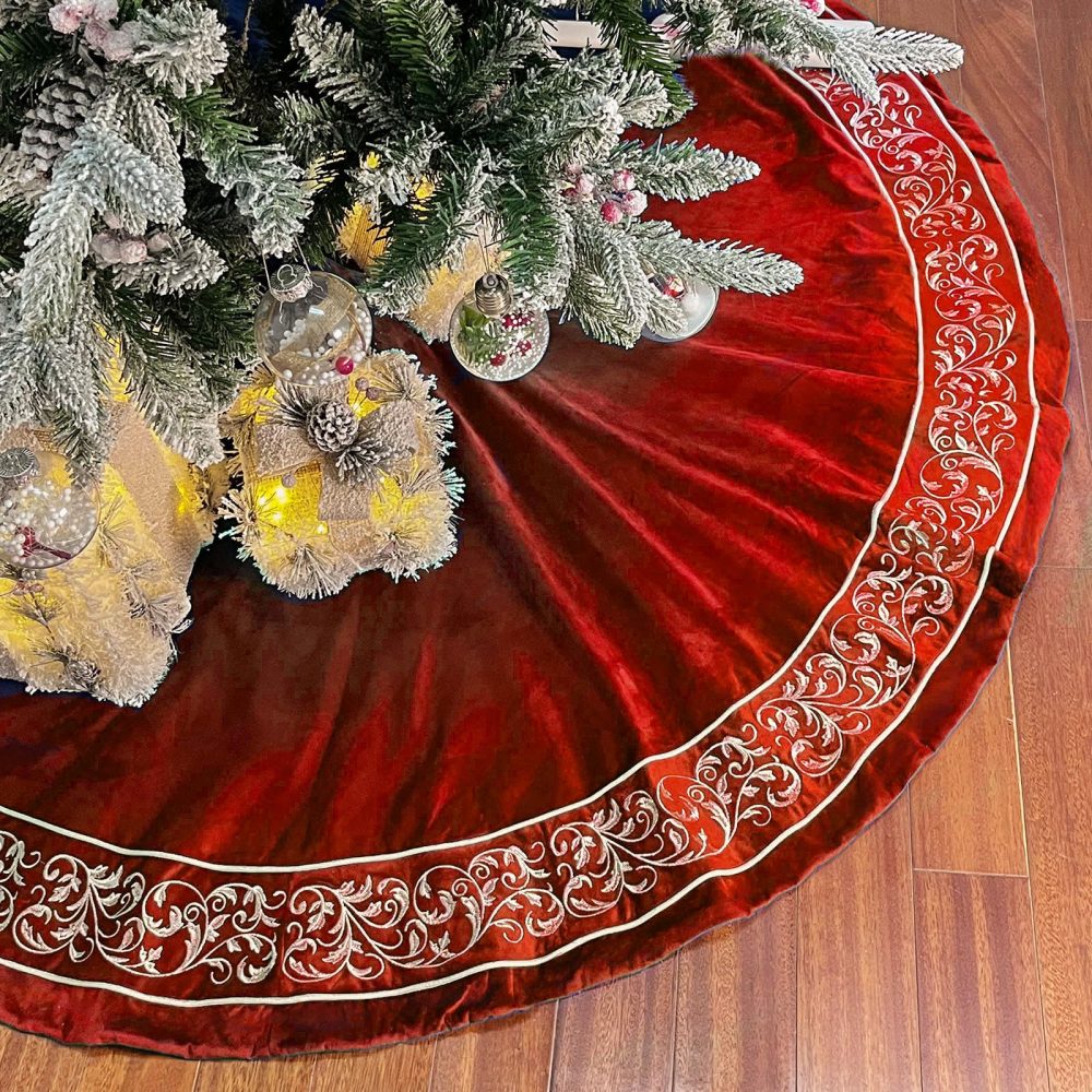 FunAcce Christmas Tree Skirt 60 inch, Red Luxury Velvet Plush Faux Fur Extra Large Skirts with Golden Embroidered Vintage Pattern, Classic Retro Christmas Tree Decorations Gifts - Image 2