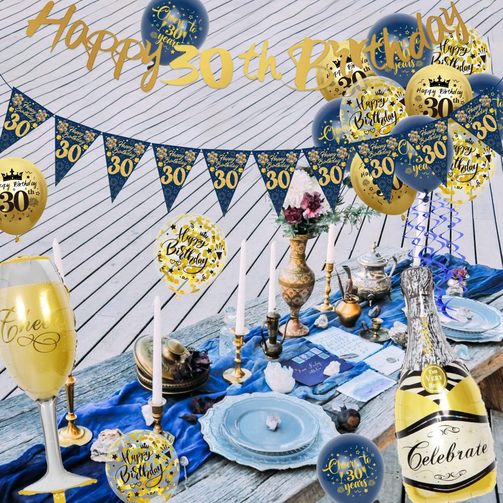 30th Birthday Decorations for Men - Blue Gold Happy 30th Birthday Banners Cake Topper Pennant Latex Balloons Wine Bottle Balloon Sash for 30th Birthday Party Supplies - Image 4