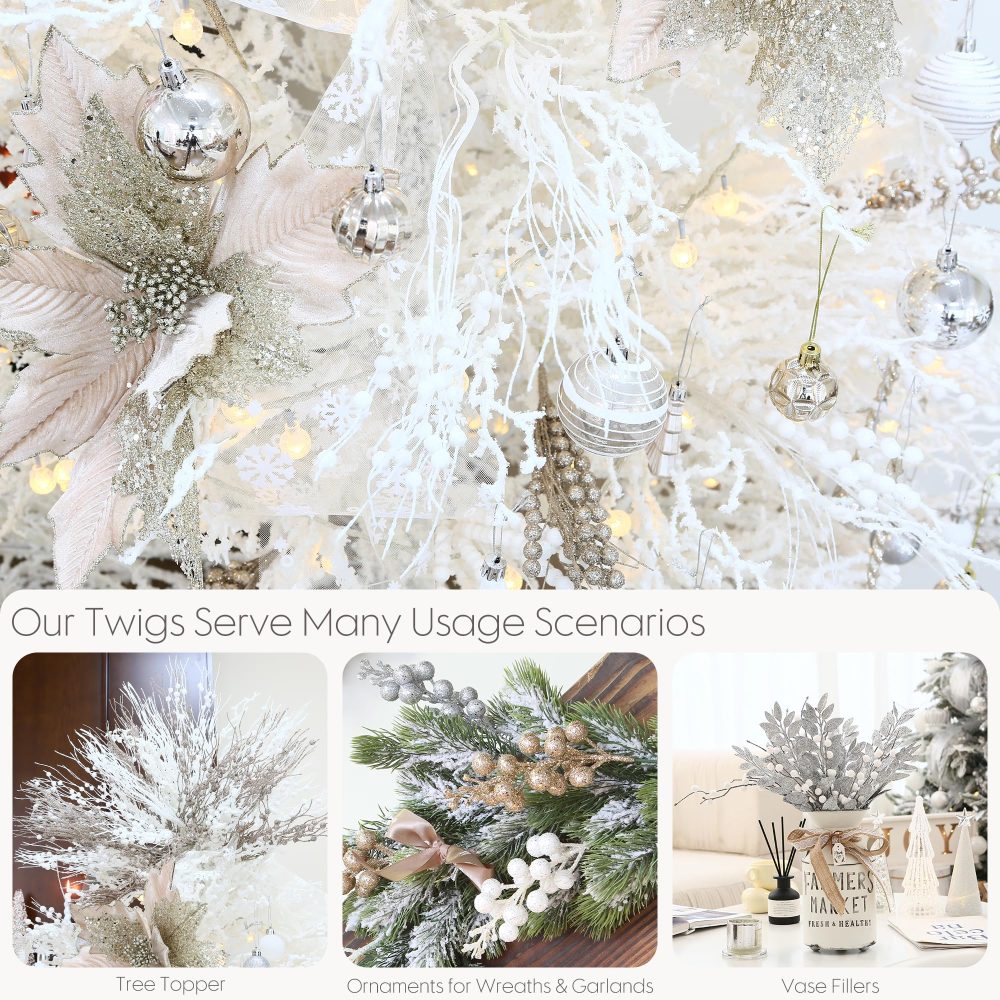 Sea Team 12-Pack Artificial Glitter Berry Stem Ornaments, Decorative Bead Sticks, Glittery Twigs, Picks, Branches for Christmas Tree, Small Vase, Holiday, Wedding, Party (17 Inches, White) - Image 4