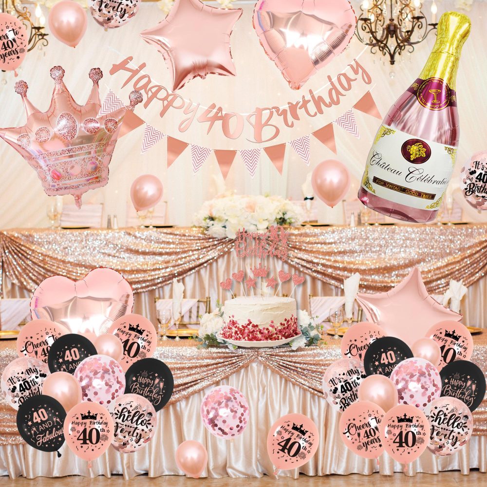 40th Birthday Decorations for Women - Rose Gold Balloons - 40th Rose Gold Birthday Decorations, Banner, Cake Topper, Cupcake Topper - Birthday Party Supplies Kit - Image 3
