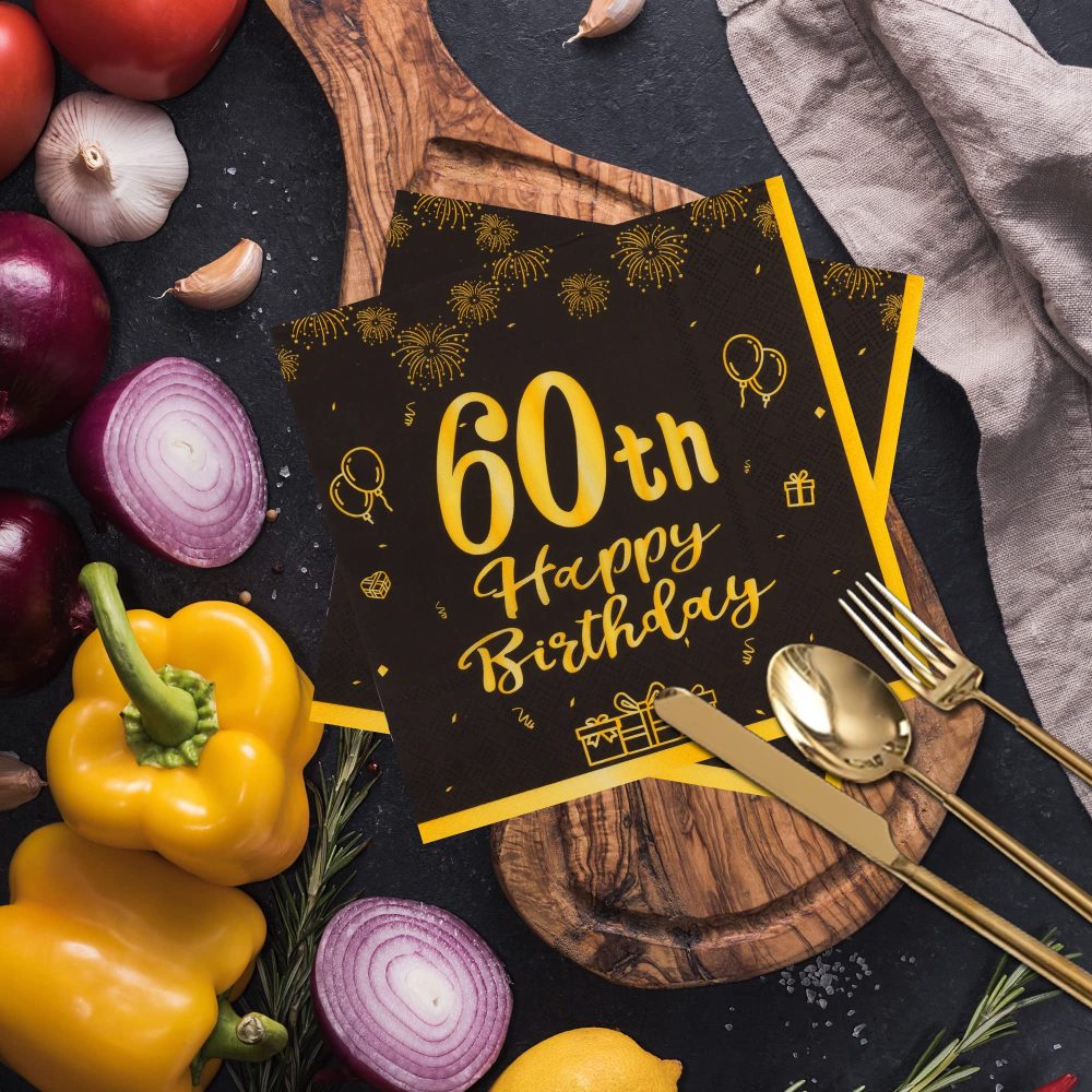 TOPWAYS Black Gold 60th Birthday Decorations Paper Napkins, 60pcs Disposable Paper Birthday Napkins Table Decoration for Women Men 60 Birthday Party Supplies Table Decoration, Birthday Tissue (60th) - Image 5
