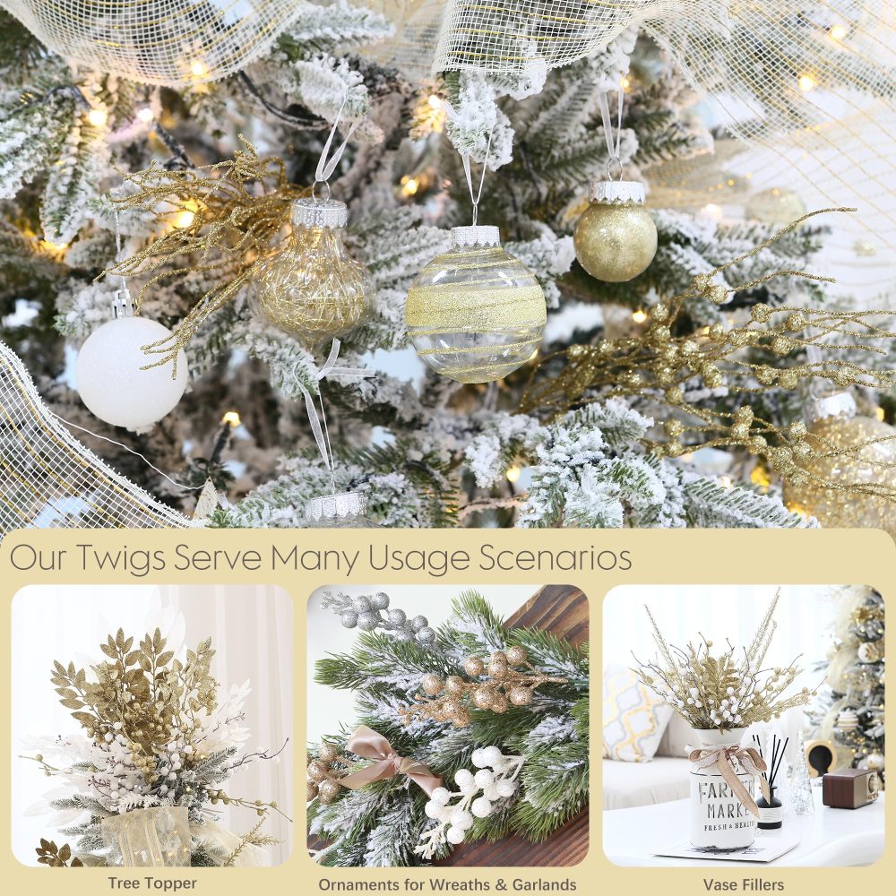 Sea Team 12-Pack Artificial Glitter Berry Stem Ornaments, Decorative Bead Sticks, Glittery Twigs, Picks, Branches for Christmas Tree, Small Vase, Holiday, Wedding, Party (17 Inches, Gold) - Image 4