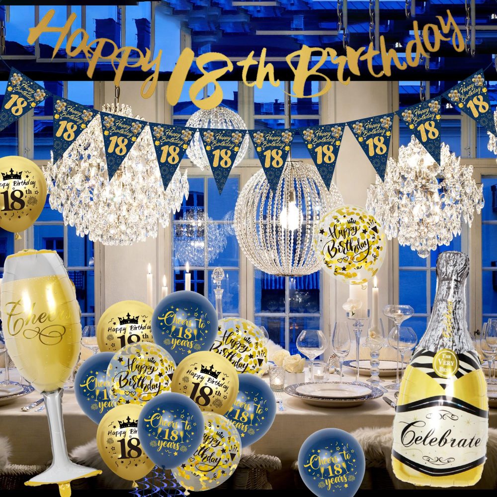 18th Birthday Decorations for Boys - Blue Gold Happy 18th Birthday Banners Cake Topper Pennant Latex Balloons Wine Bottle Balloon Sash for 18th Birthday Party Supplies - Image 4
