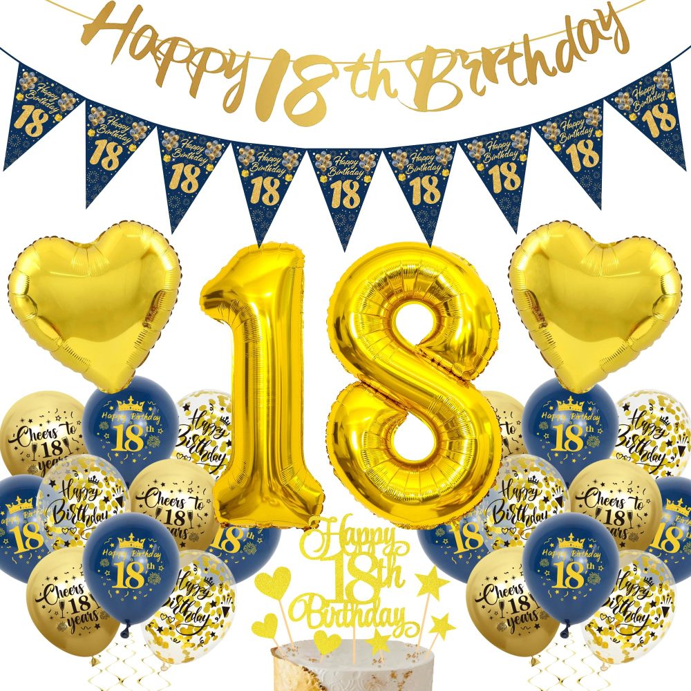 18th Birthday Decorations for Boys - Blue and Gold 18th Birthday Banners Pennant Cake Topper Latex Balloon Number Balloon Heart Foil Balloon Suitable for 18th Birthday Party Supplies