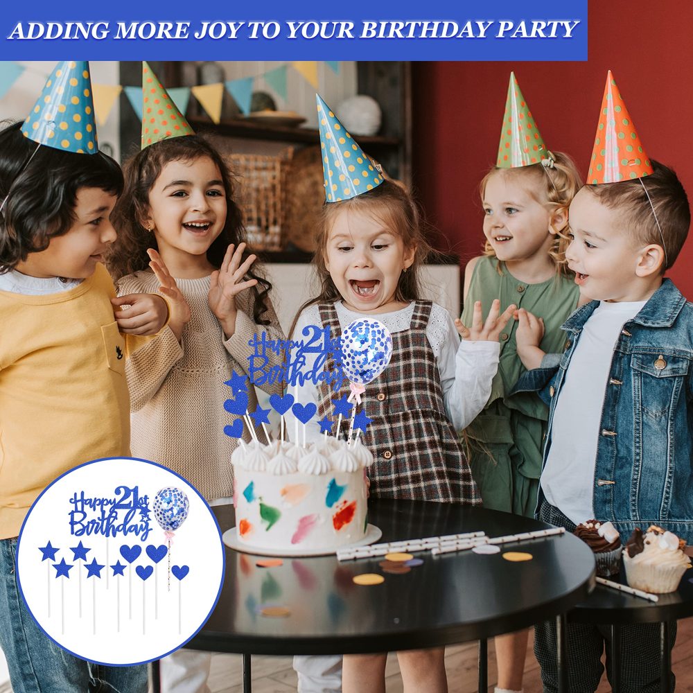 Zayin Personalised Happy 21th Birthday Cake Topper Set,Happy Birthday Sign for Cake,11p Glitter Balloon Stars Heart Cupcake Topper 21th Birthday Cake Party Decoration(21 year old, Royal Blue) - Image 4