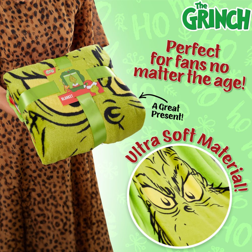 The Grinch Fleece Bed Blanket, Soft Bed Throw 150x130cm - Festive Gifts (Green) - Image 3