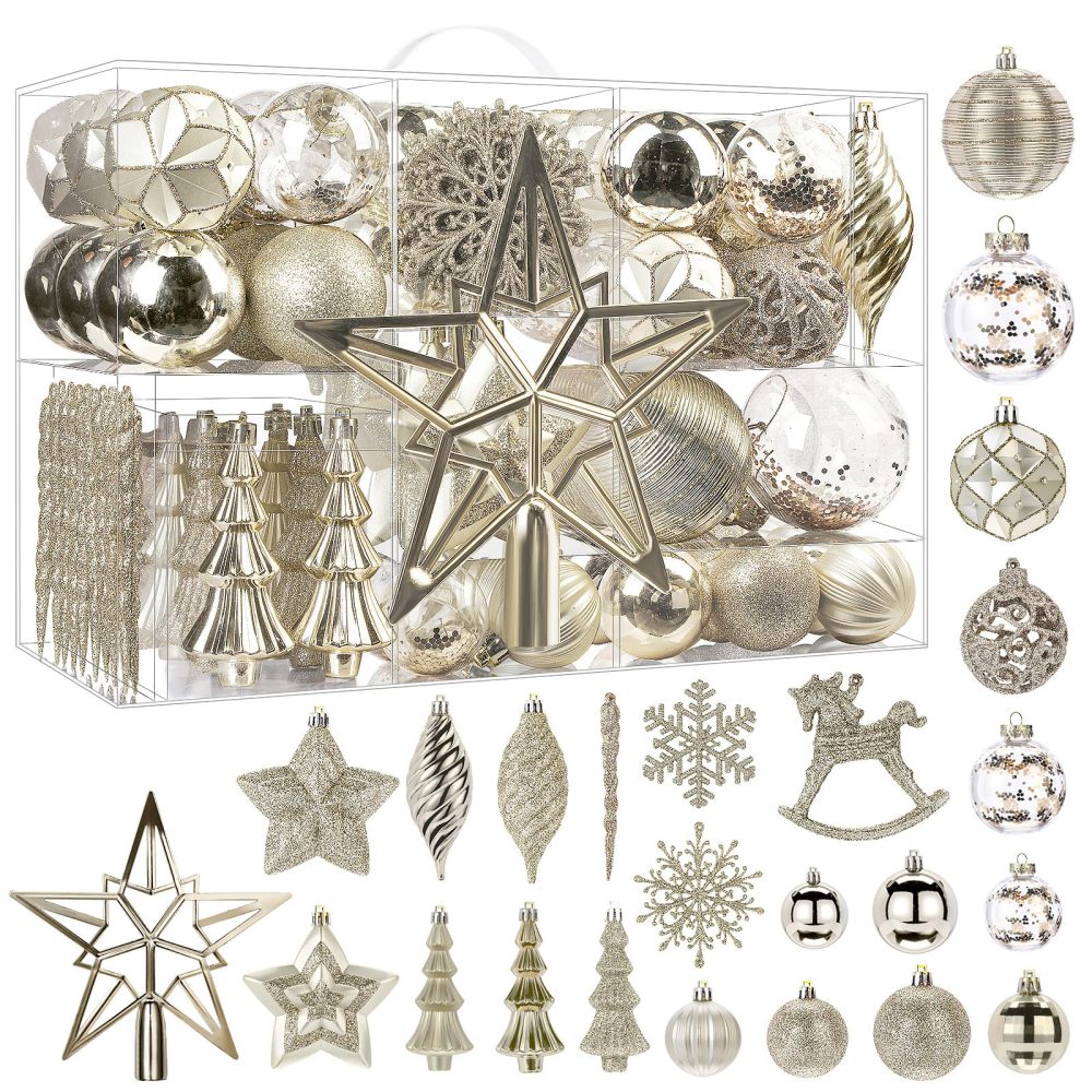 SHareconn 100pcs Christmas Tree Decorations Ornaments Set, Shatterproof Plastic Christmas Baubles Decorative Balls for Xmas Tree Decor Holiday Wedding Party, Champagne Gold