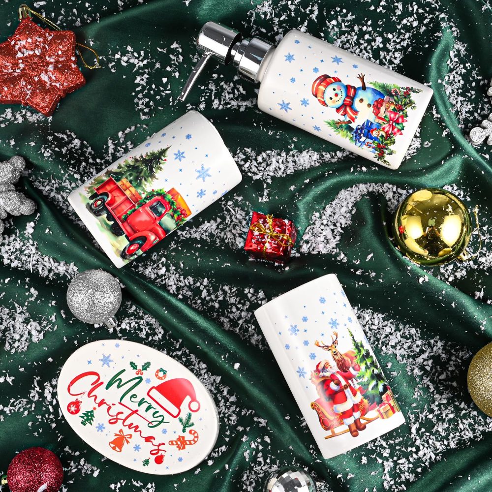 Christmas Bathroom Decor Sets of 4 Bathroom Accessories Sets Complete Christmas Snowman Merry Christmas Toothbrush Holder Soap Dispenser Soap Dish Bathroom Tumbler (Christmas) - Image 2