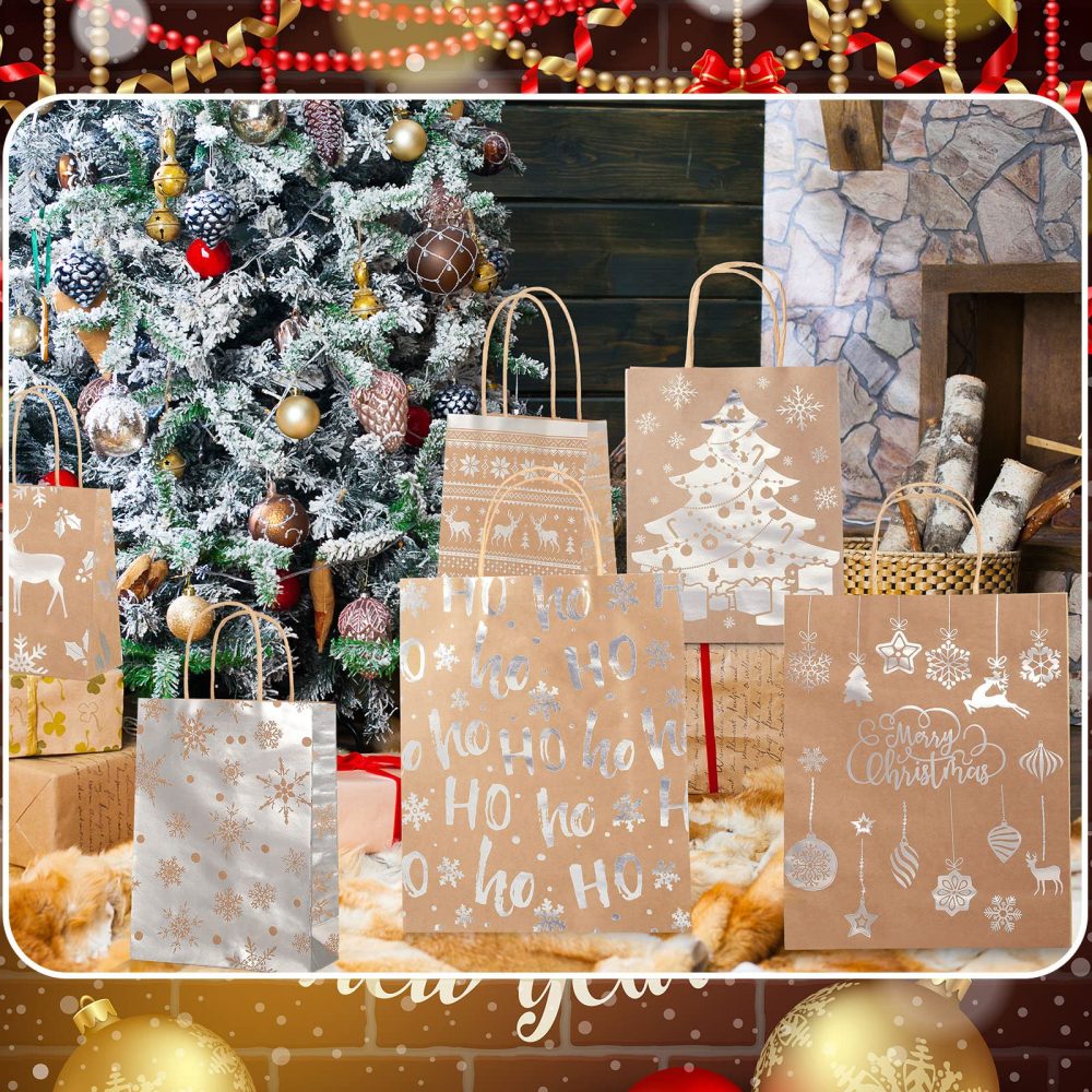 18 Pcs Christmas Kraft Paper Bag Bronzing Gift Bags Metallic Gold Gift Treat Goodie Bag Assorted Sizes Bulk Xmas Gift Wrapping Bag with Handle for Holiday New Year Party Packaging Decor (Silver) - Image 4