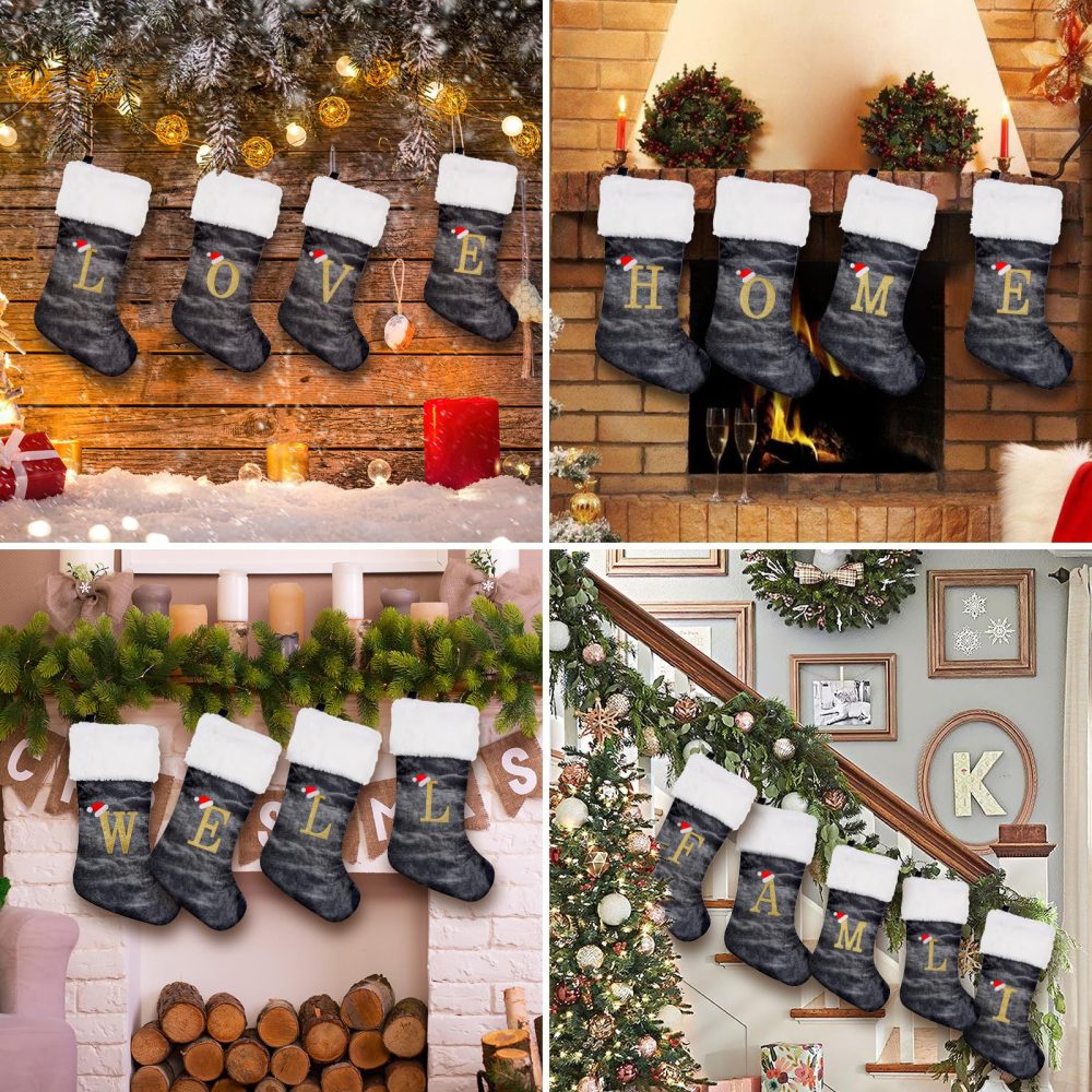 Personalized Xmas Stockings 45cm Large Initial Monogram Embroidered Letter Christmas Stocking Grey Velvet Classic Christmas Stockings Xmas Holiday Decor Tree Decoration for Kids & Adults Gift (A) - Image 4