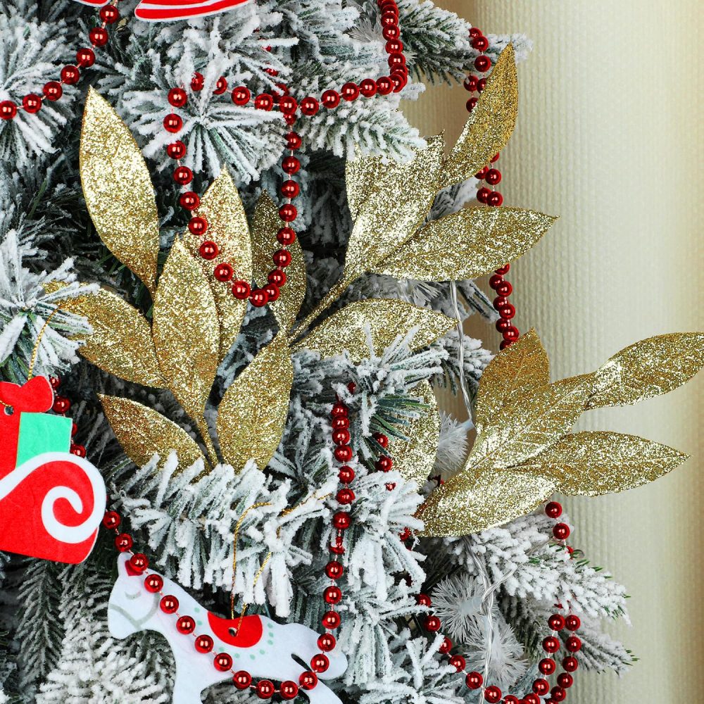 VEYLIN Christmas Glitter Bay Leaf, 12Pcs Artificial Christmas Tree Picks Sprays for Christmas Tree Wreath Floral Wedding Bouquet Decoration(Gold) - Image 3