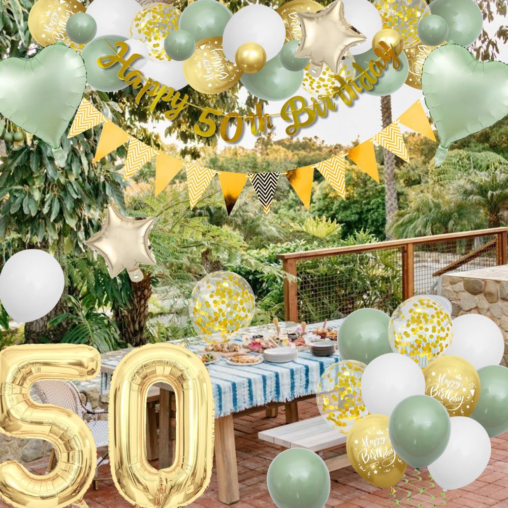 50th Birthday Decorations Women Men - Green Gold Birthday Party Decoration Balloons Set with Banners Paper Pom Confetti Latex Balloon Happy 50th Birthday Cake Toppers for 50 Years Birthday Supplies - Image 4
