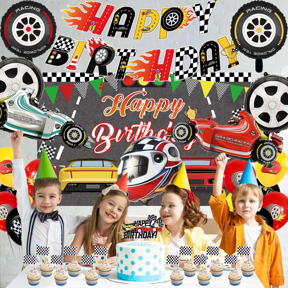 Race Car Birthday Party Decorations - 32Pcs Racing Car Happy Birthday Bunting Banner Checkered Cake Topper Motorcycle Foil Balloons for Kid Boy Let's Go Racing Themed Party Supplies - Image 3