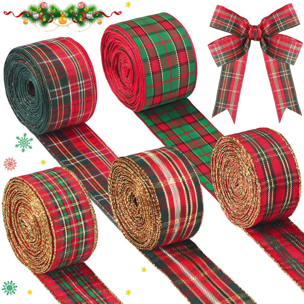 5 Rolls 30 Yards Christmas Red Plaid Ribbon Gingham Ribbon Check Wired Edge Wrapping Ribbon Tartan Ribbon for Christmas DIY Crafts Present Wrapping Home Decorations Bows (1 Inch Wide)
