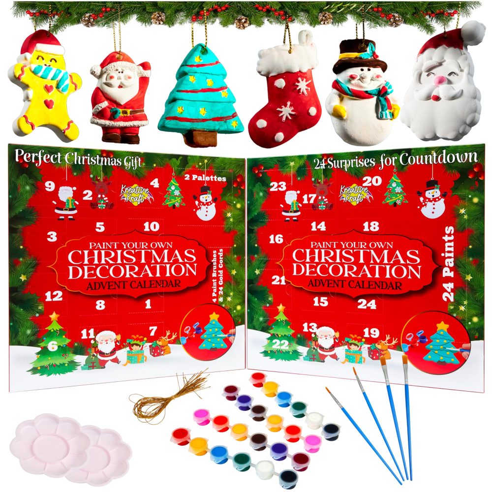 KreativeKraft DIY Advent Calendar 2024 Christmas Decorations 24 Days of Paint Your Own Hanging Ornaments Tree Xmas Gifts Craft Kit for Artists