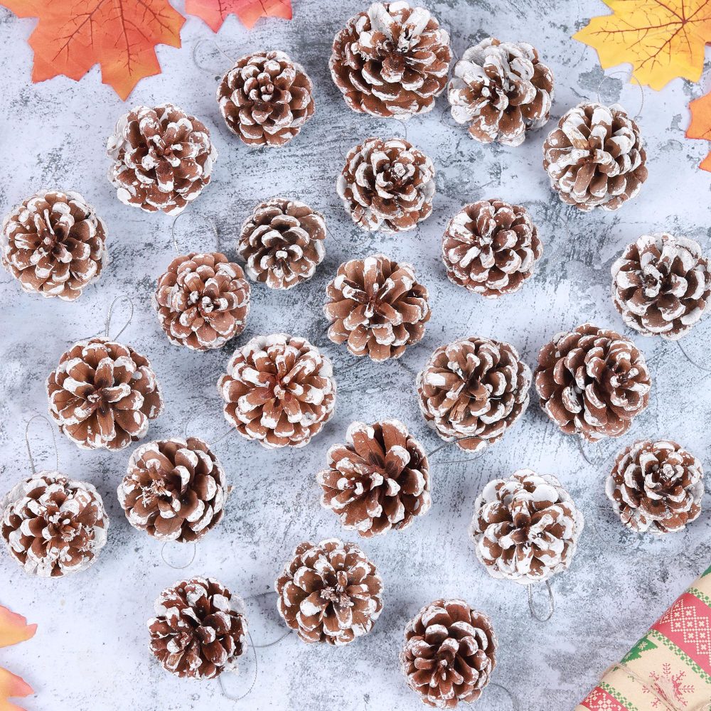24pcs Christmas Pine Cones, Natural Hanging Snow Pinecones with string, Festival Holiday Ornaments for DIY Crafts Home Xmas Tree Winter Wreath Garland Wedding Decorations - Image 2