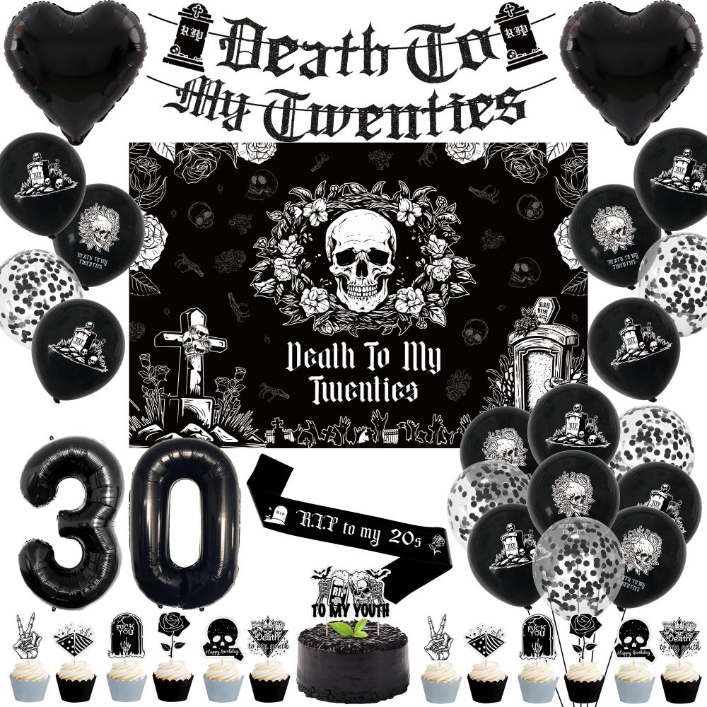 Rip 20s Birthday Decorations Set - Death to My 20s Decorations Includes Banner Backdrop Sash Cake Topper Heart Foil Balloons Death to My 20s Party Supplies 30th Birthday Decorations