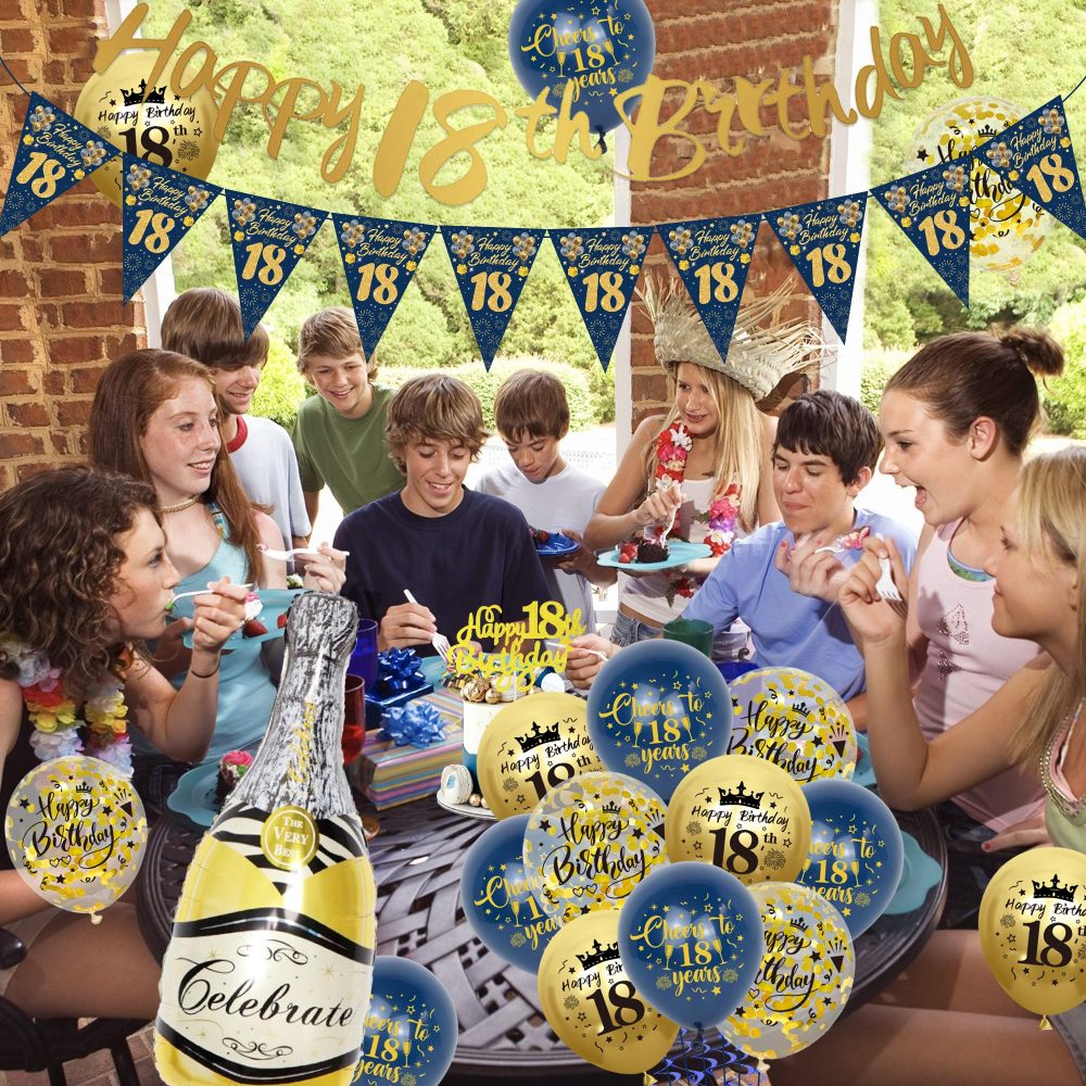 18th Birthday Decorations for Boys - Blue Gold Happy 18th Birthday Banners Cake Topper Pennant Latex Balloons Wine Bottle Balloon Sash for 18th Birthday Party Supplies - Image 3