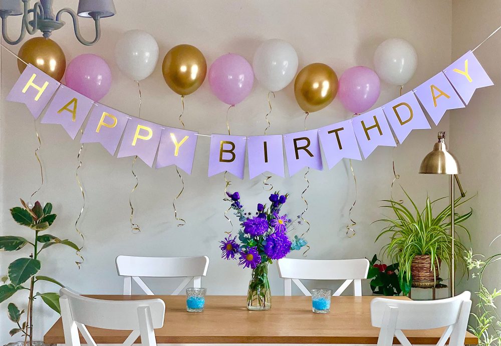 Happy Birthday Banner Purple Lilac Pastel Bunting Girls Women with Shimmering Gold Foil Letters Party Decorations - Image 4