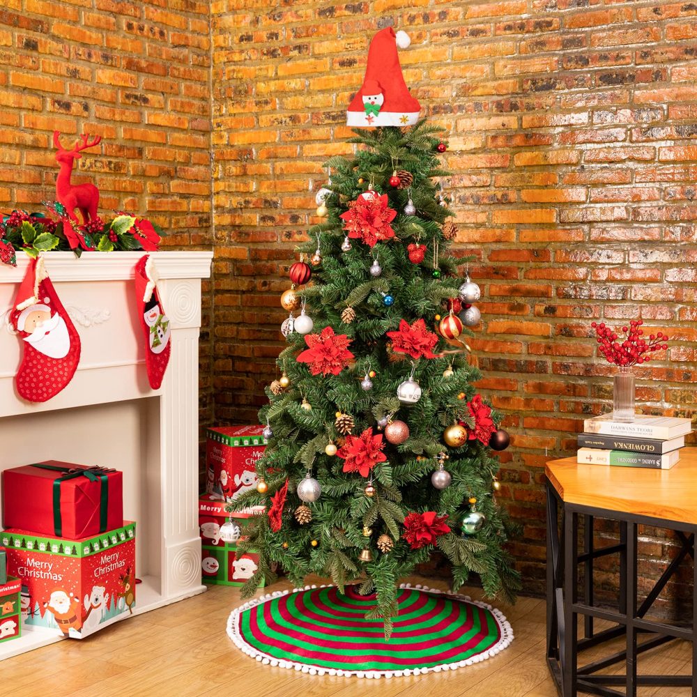 MACTING Christmas Tree Skirt, 30 Inches Red and Green Stripes Tree Skirt with Small Pom Poms Edge for Xmas Tree Christmas Decoration - Image 6